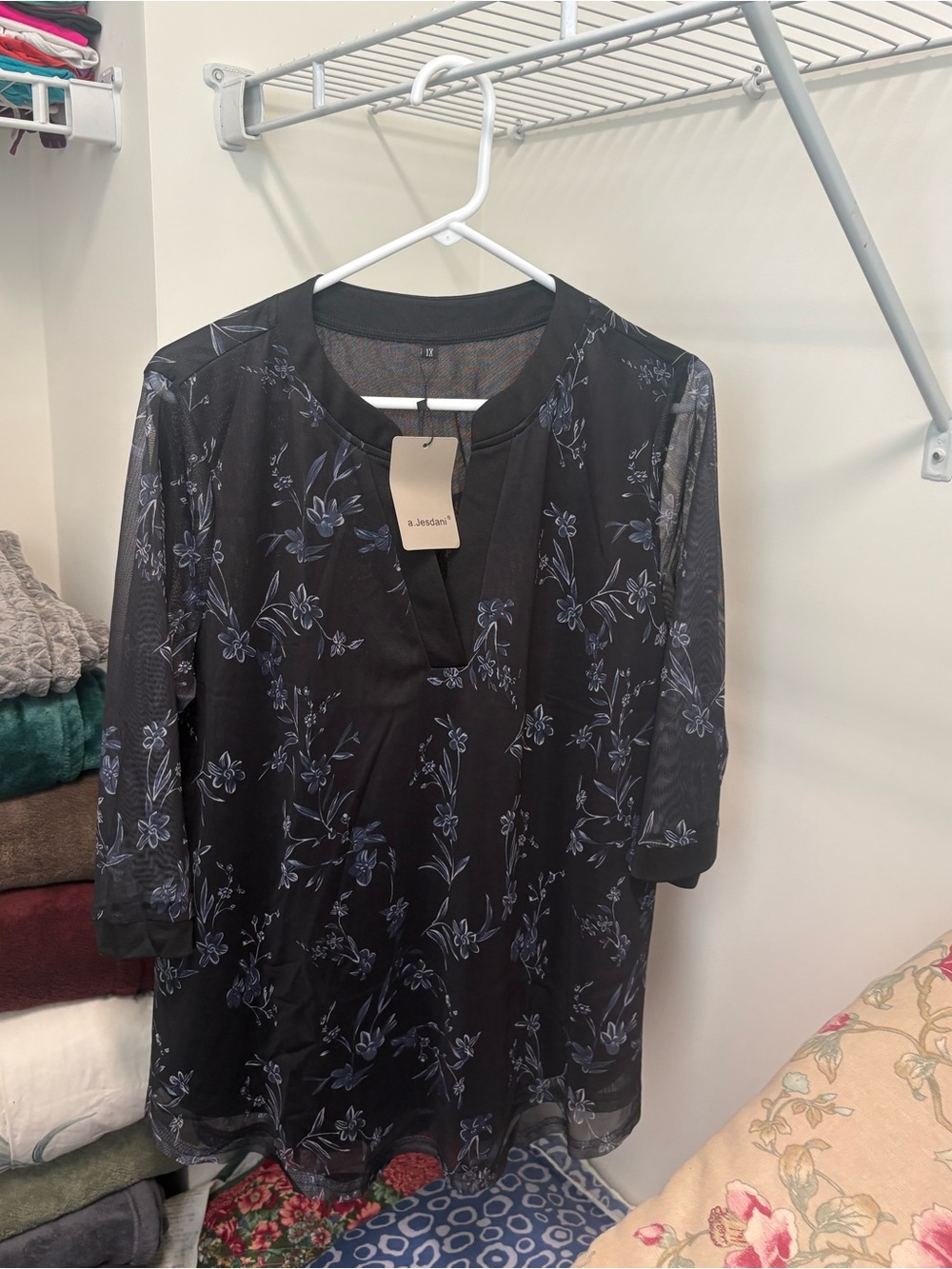 Black Floral Mesh-Sleeve Tunic